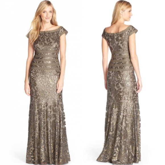 Tadashi Shoji Mesh Sequin Mermaid Gown in Smoke Pearl Size 6 - Picture 1 of 13